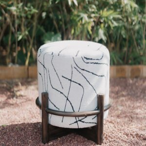 Abstract Marble-Print Pouf with Architectural Wood Cradle