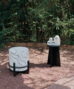 Abstract Marble-Print Pouf with Architectural Wood Cradle - Image 5