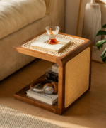 CaneCraft Wooden Side Table with Storage Shelf