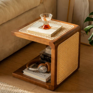 CaneCraft Wooden Side Table with Storage Shelf