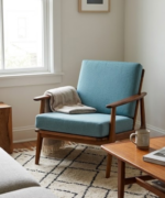 Teak Wood Lounge Chair with Upholstered Seat and Back