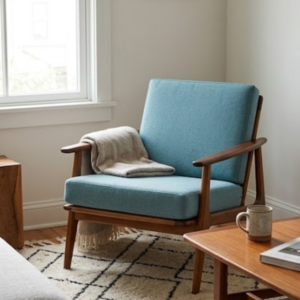 Teak Wood Lounge Chair with Upholstered Seat and Back