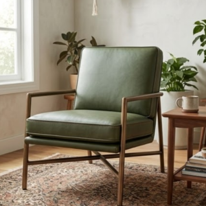 Mid-Century Olive Leather Accent Chair