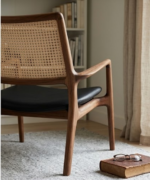 Mid-Century Cane Lounge Chair with Wooden Frame & Leather Seat - Image 4