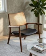 Mid-Century Cane Lounge Chair with Wooden Frame & Leather Seat