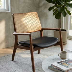 Mid-Century Cane Lounge Chair with Wooden Frame & Leather Seat