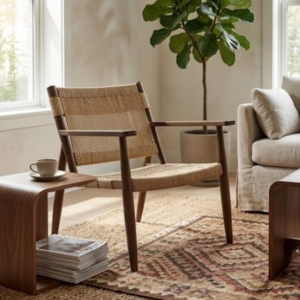 Rustic Woven Lounge Chair with Solid Wood Frame